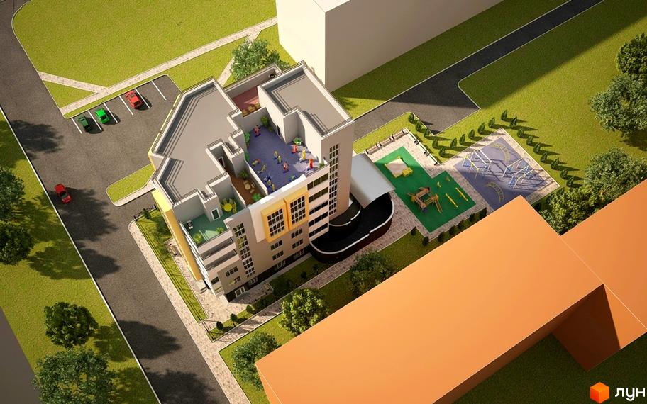 Зображення будинку Клубний будинок „Сонячний“ з дитячим майданчиком та парковкою. Вигляд зверху на будівлю та прилеглу територію.