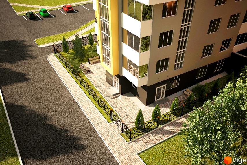 Зображення фасаду Клубного будинку „Сонячний“ та прибудинкової території з ландшафтним дизайном, огорожею та парковкою.