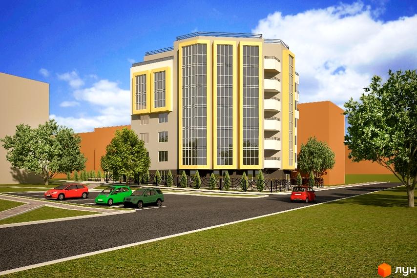 Зображення фасаду Клубного будинку „Сонячний“ та прибудинкової території з парковкою і зеленими насадженнями.