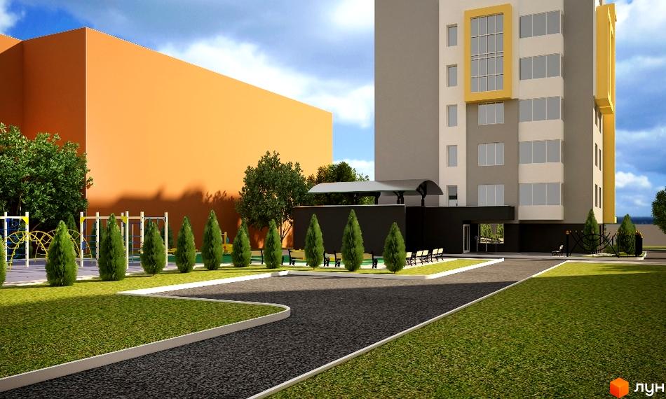 Клубний будинок „Сонячний“ з сіро-жовтим фасадом та прибудинковою територією з дитячим майданчиком та зеленими насадженнями.