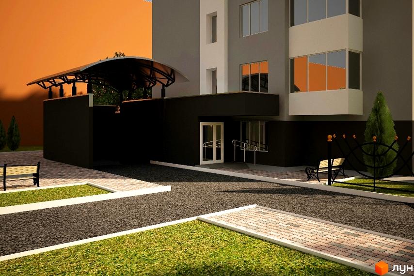 Клубний будинок Сонячний: фасад будівлі з панорамними вікнами та прибудинкова територія з лавочками та зеленими насадженнями.