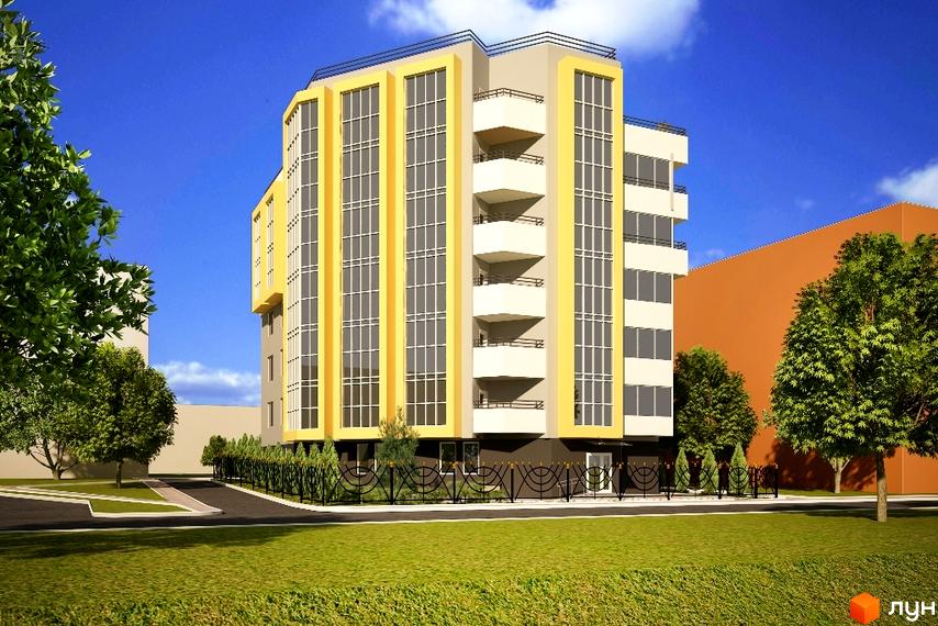 Зображення будинку Клубний будинок „Сонячний“ з великими вікнами та балконами. Навколо зелений газон та декоративні насадження.