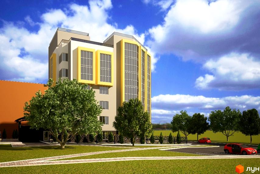 Зображення будинку Клубний будинок „Сонячний“ з великими вікнами. Навколо зелена прибудинкова територія з деревами та газоном.