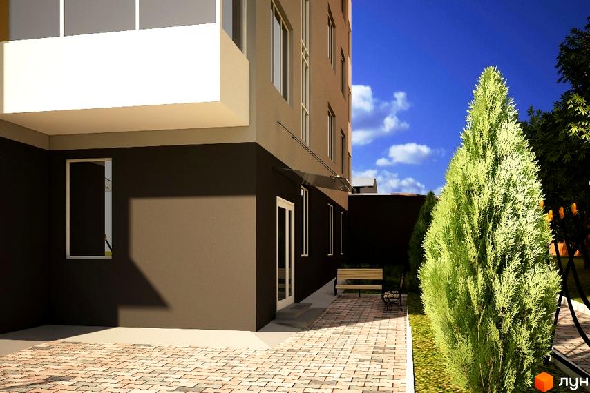 Зображення фасаду Клубного будинку „Сонячний“ та прибудинкової території з лавкою та доріжкою з тротуарної плитки.