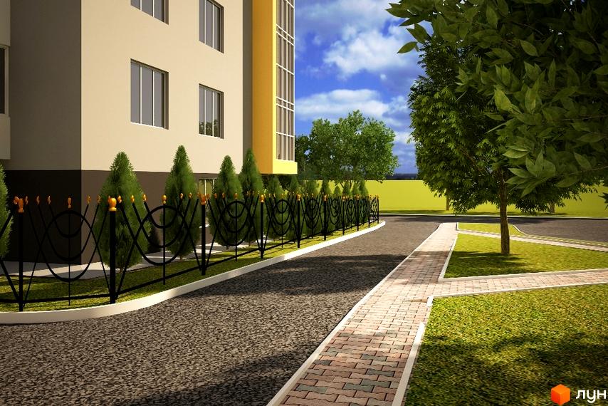 Зовнішній вигляд будинку Клубний будинок „Сонячний“ з прибудинковою територією. Подвір'я з доріжками, газонами та декоративними насадженнями.