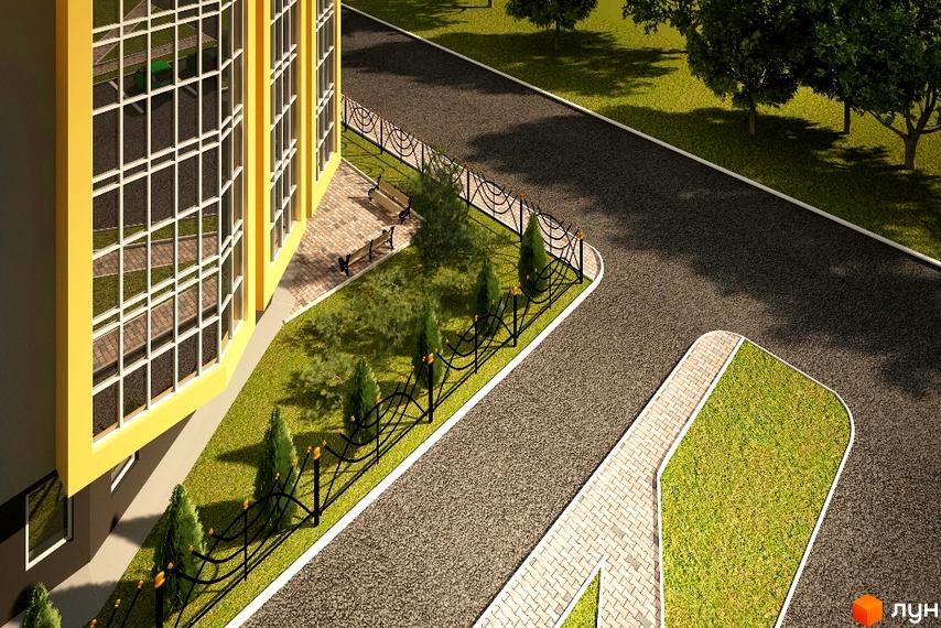 Зображення будинку Клубний будинок „Сонячний“ з великими вікнами. Навколо зелена територія з лавками та декоративними деревами.