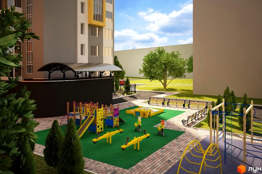 Зображення будинку Клубний будинок „Сонячний“ з дитячим майданчиком у дворі. Навколо будинку зелена територія з лавками та деревами.