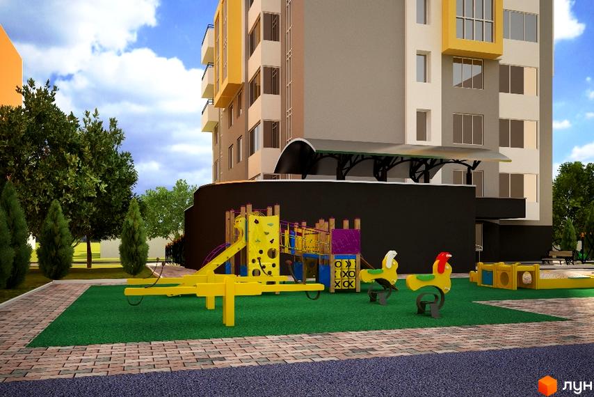 Клубний будинок „Сонячний“ з жовтими та сірими фасадами та дитячим майданчиком із жовтими елементами на зеленій зоні.