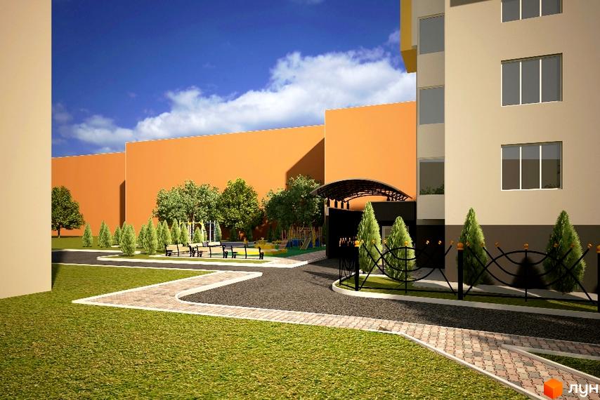 Клубний будинок „Сонячний“: світлий багатоповерховий будинок з вікнами та оранжевою стіною, зеленою зоною відпочинку та дитячим майданчиком.