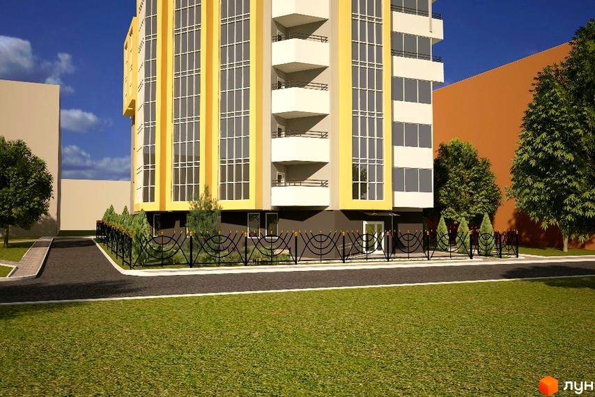 Зображення будинку в Житловому комплексі „Сонячний“ з великими вікнами та балконами. На передньому плані зелений газон та декоративна огорожа.