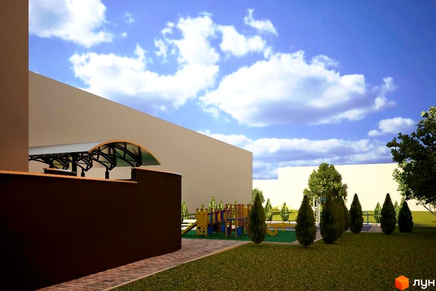 Зображення будинку Клубний будинок „Сонячний“ з дитячим майданчиком та зеленим газоном. На задньому плані видно блакитне небо.