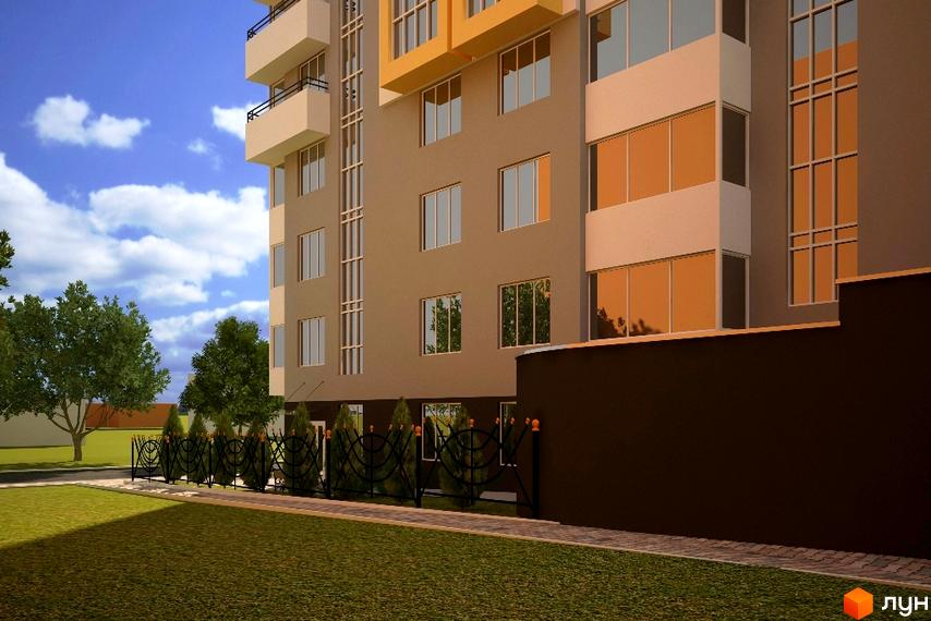 Клубний будинок Сонячний: багатоповерховий будинок з балконами та великими вікнами, огороджена територія з деревами та газоном.