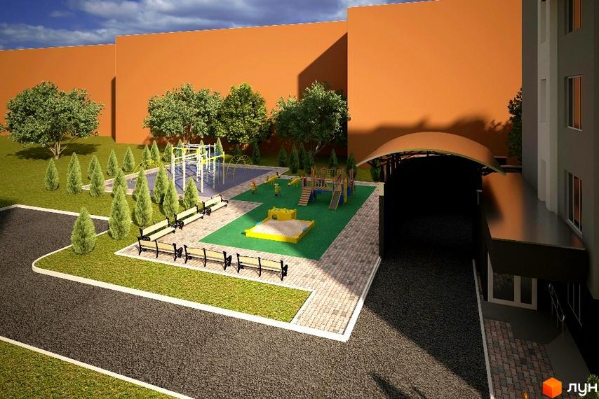 Зображення прибудинкової території Клубного будинку „Сонячний“ з дитячим майданчиком та місцями для відпочинку. Вигляд з висоти.