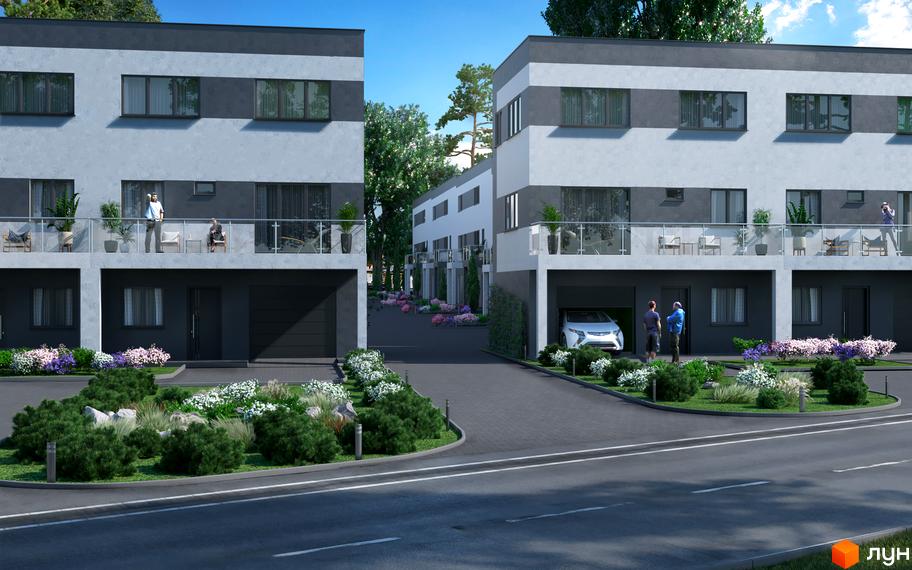 Зовнішній вигляд котеджного містечка КМ Поршна-Наварія з сучасними фасадами та балконами. Прибудинкова територія з доглянутими зеленими насадженнями та квітами.