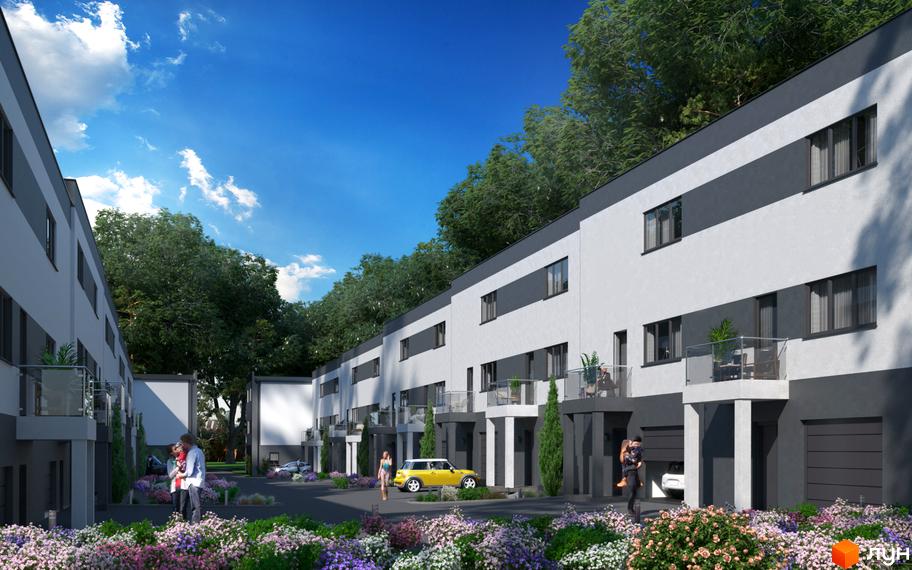 Котеджне містечко Поршна-Наварія: сучасні будинки з сірими та білими фасадами, балконами та гаражами. Прибудинкова територія з квітами та деревами.