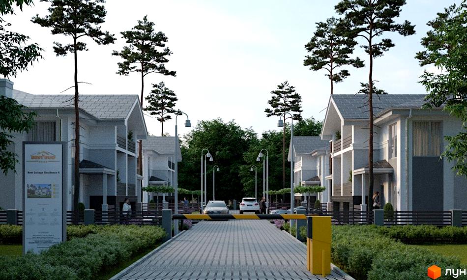 Зображення сторінки житлового комплексу NEW Cottage Residence 4. Двоповерхові будинки з сірими дахами та доглянутою прибудинковою територією.