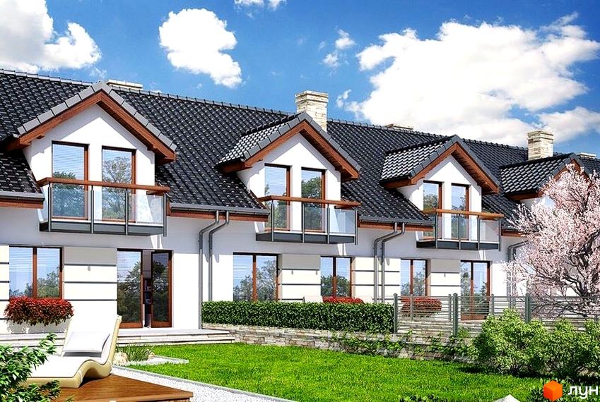 Зображення житлового комплексу по вул. Андрусіва з фасадом у білих тонах та чорною черепицею. Навколо будинку зелений газон та декоративні рослини.