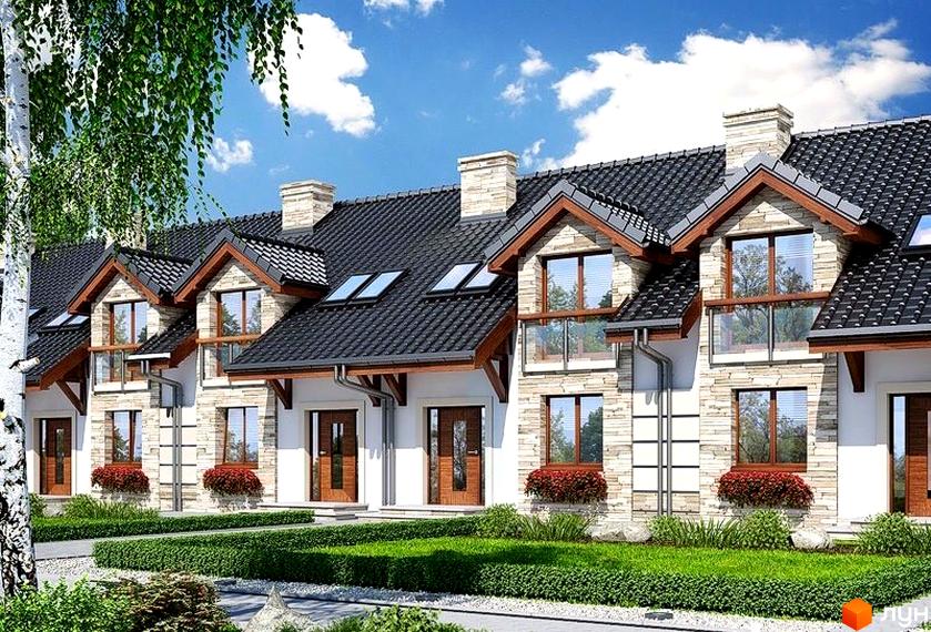 Зображення фасаду та прибудинкової території житлового комплексу по вулиці Андрусіва, 10/13, 16, 22. Будинки з черепичною покрівлею та кам'яним оздобленням.