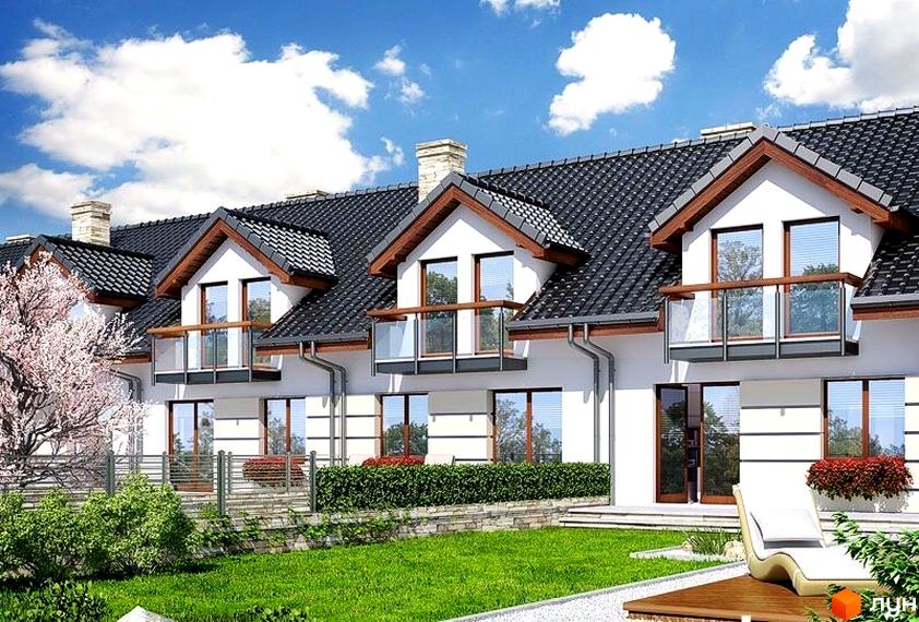 Фасад таунхаусів по вулиці Андрусіва. Житловий комплекс з чорною черепицею, білими стінами та балконами з прозорим склом.