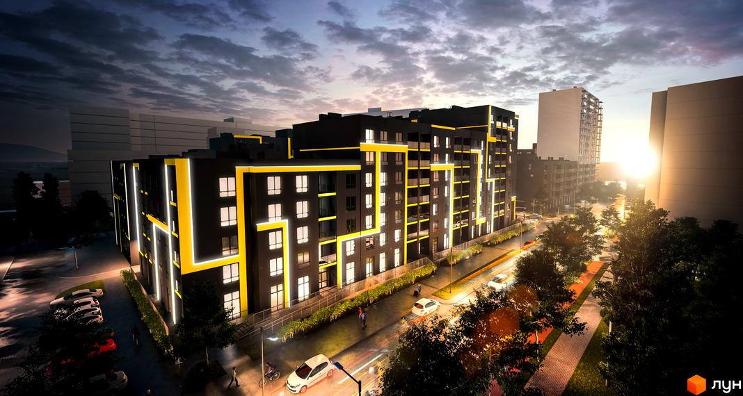 Житловий комплекс Шенген. Висотна будівля з чорним фасадом та жовтим підсвічуванням, вхідні групи з підсвіткою, прибудинкова територія з автомобілями та деревами.