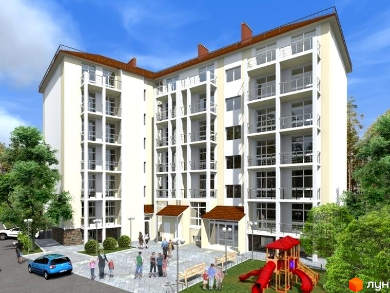 Житловий комплекс Williams Avenue. Багатоповерховий будинок з балконами та терасами. На території дитячий майданчик, лави та зелені насадження.