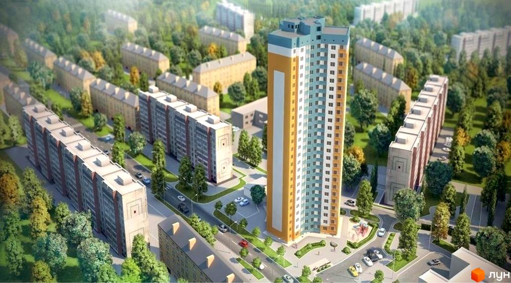 Висотна новобудова на вулиці Межова, 23б. Навколо будинку розташовані інші будівлі, дерева та дороги.