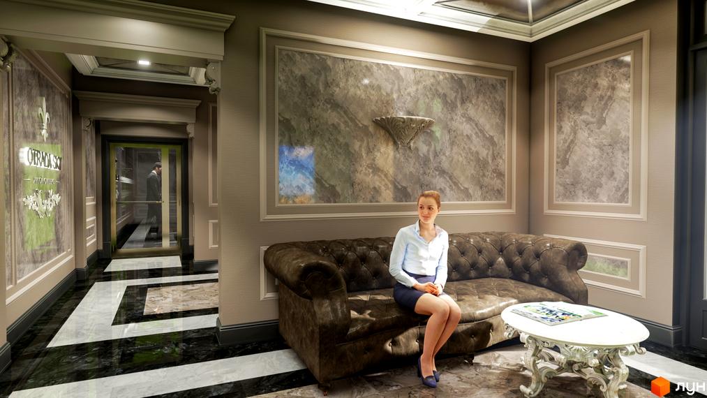 Житловий комплекс Otrada Sky: елегантний хол з диваном та журнальним столиком, оздоблення стін мармуровими панелями, підлога з глянцевим покриттям.