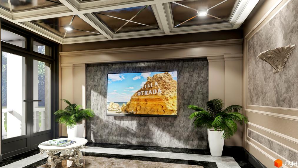 Сучасний інтер'єр вітальні з великим телевізором, що транслює зображення скелі з написом 