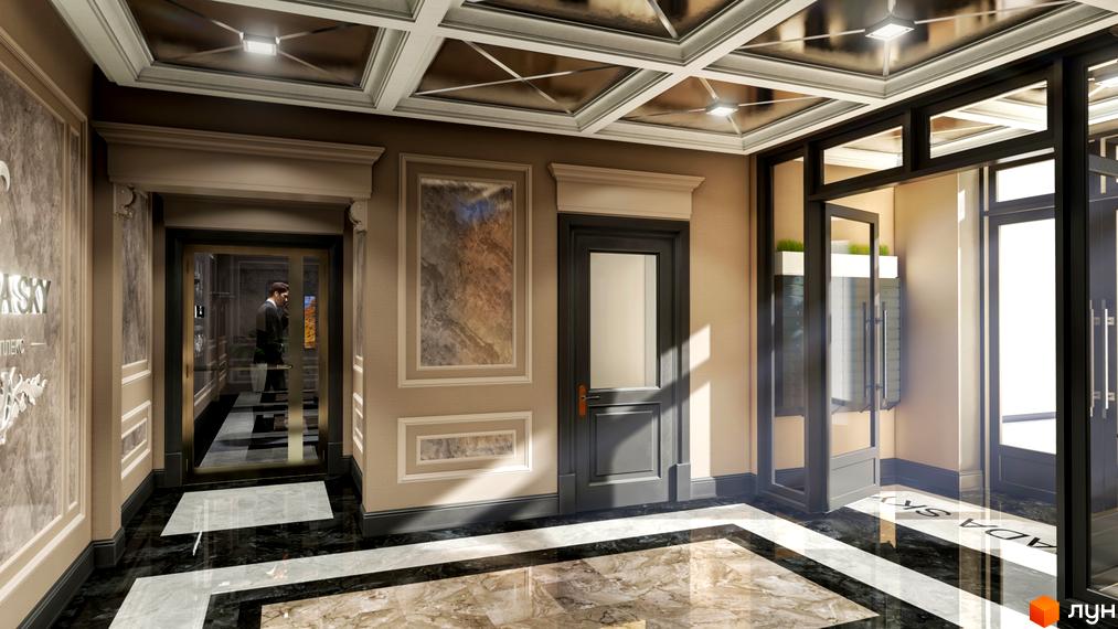 Інтер'єр холу житлового комплексу Otrada Sky з мармуровою підлогою та дверима. Сучасний дизайн вхідної групи новобудови.