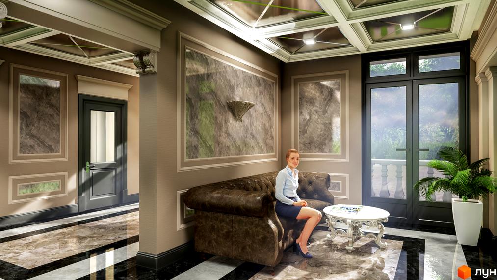 Житловий комплекс Otrada Sky: елегантний хол з диваном, журнальним столиком та дверима. Привабливий дизайн інтер'єру для комфортного проживання.