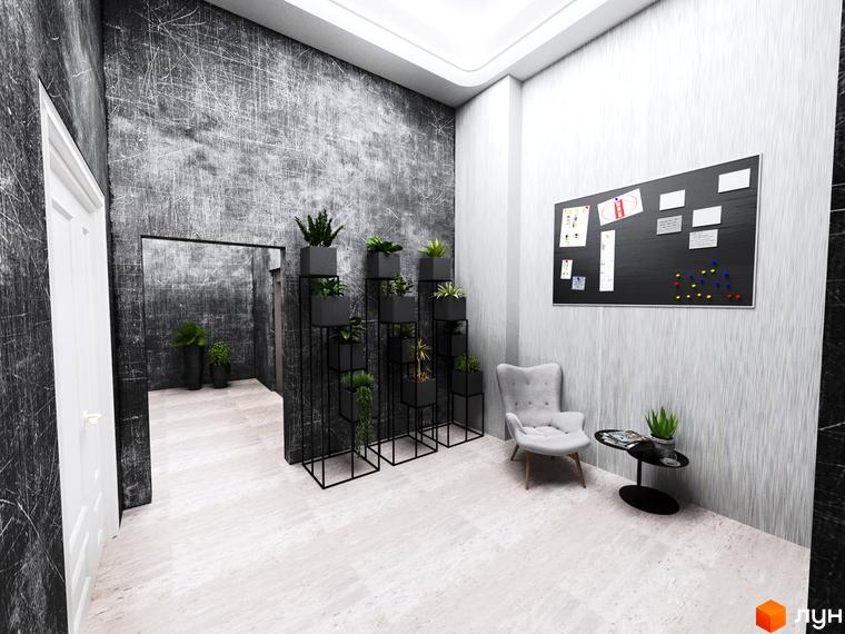 Інтер'єр офісу або зони очікування в ЖК San Francisco Creative House з чорною стіною та рослинами. Сучасний дизайн з чорною дошкою для нотаток та зручним кріслом.