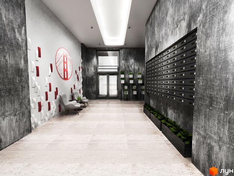 Інтер'єр холу житлового комплексу San Francisco Creative House з дизайнерською стіною та поштовими скриньками. Сучасний дизайн лобі новобудови.