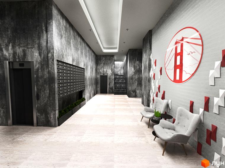 Дизайн холу житлового комплексу San Francisco Creative House з ліфтами та поштовими скриньками. Зона відпочинку з кріслами та журнальними столиками.