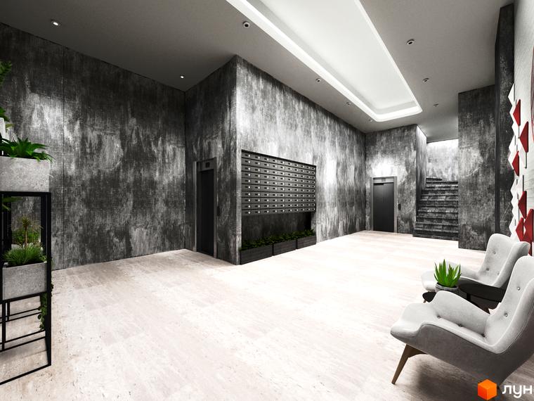 Сучасний дизайн холу житлового комплексу San Francisco Creative House з сірими стінами та підлогою, ліфтом, поштовими скриньками та кріслами. Опис інтер'єру новобудови.