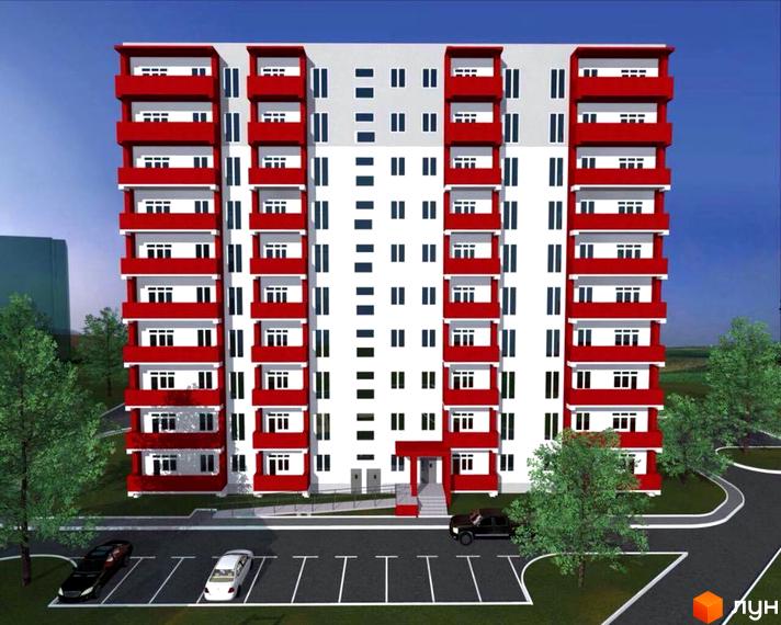 Житловий комплекс Comfort House Pesochin – це багатоповерхова житлова будівля з червоно-білими фасадами та балконами. Територія навколо будинку облаштована парковкою та зеленими насадженнями.