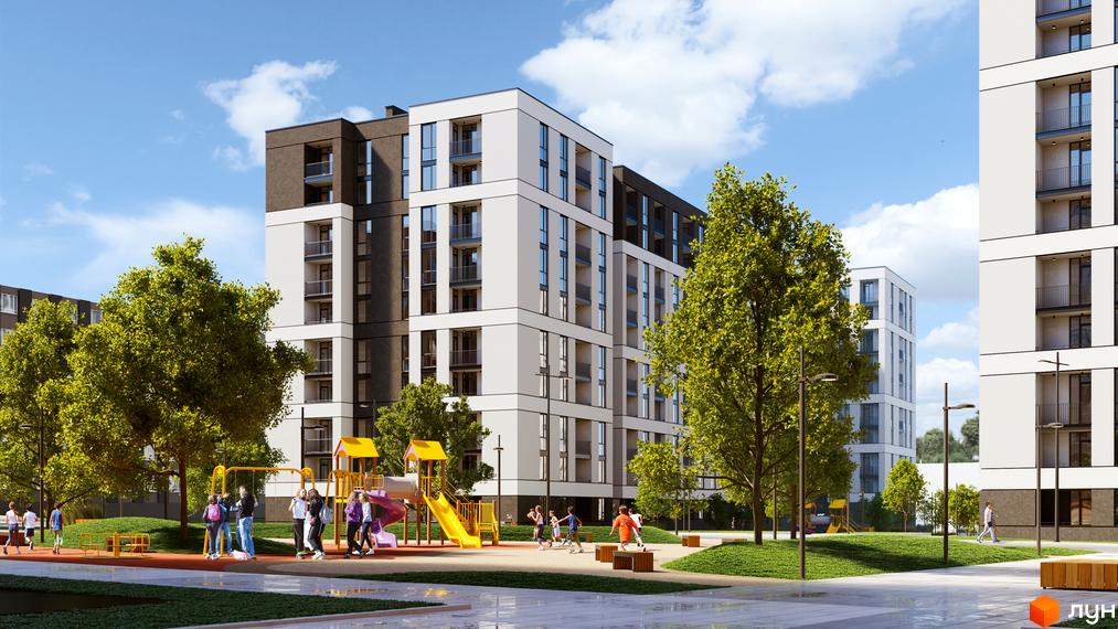 Зображення Житлового комплексу Avalon Zelena Street. Багатоповерховий будинок з дитячим майданчиком та зеленими насадженнями.