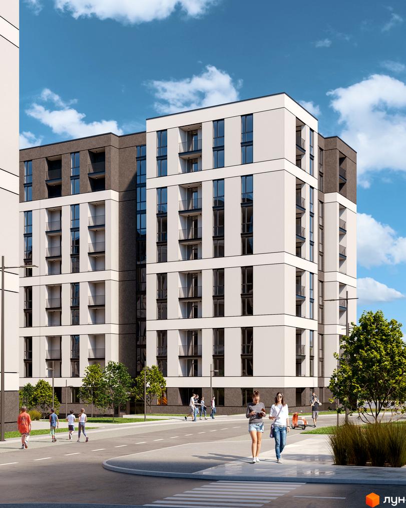 Зображення фасаду та прибудинкової території Житлового комплексу Avalon Zelena Street. Багатоповерхова будівля з великими вікнами та балконами.