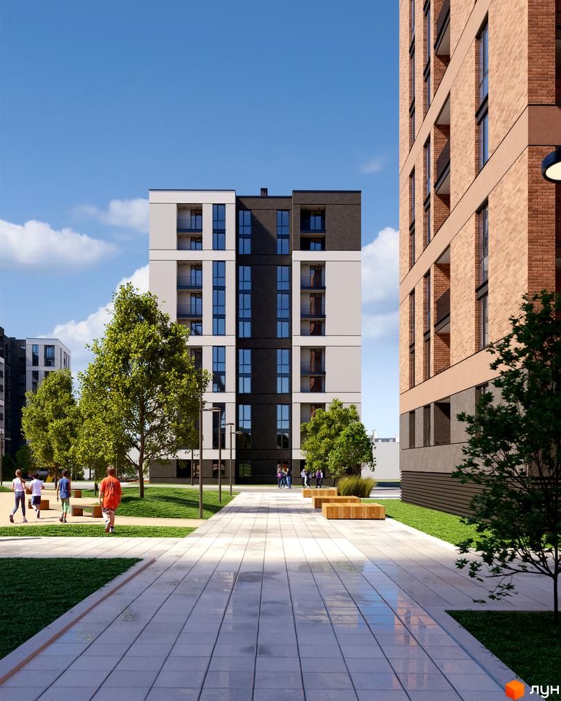 Житловий комплекс Avalon Zelena Street: багатоповерхові будинки з великими вікнами та балконами. На території зелені насадження та пішохідні доріжки.