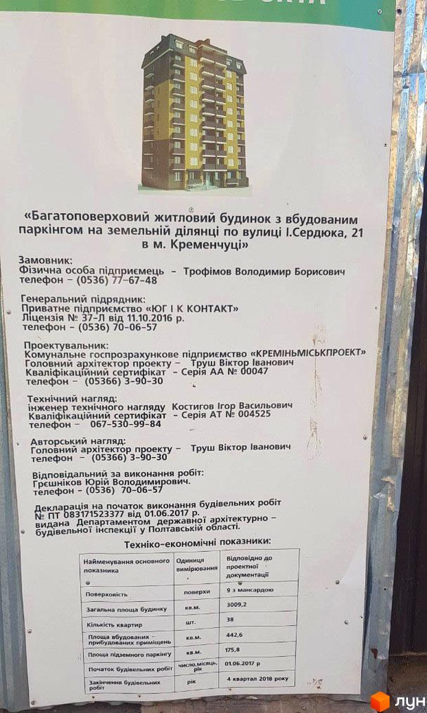 Багатоповерховий житловий будинок з паркінгом на земельній ділянці по вулиці І.Сердюка, 21 в м. Кременчуці. Фасад будинку оздоблений жовтими та сірими елементами.