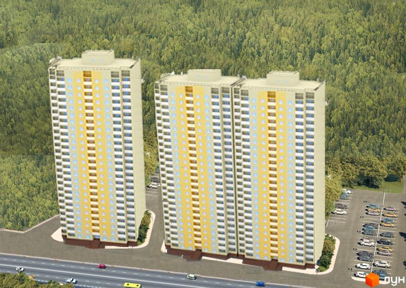 Два багатоповерхові будинки Житлового комплексу на просп. Науки, 58/1 з світлими фасадами та численними вікнами. Поруч паркінг та лісова зона.