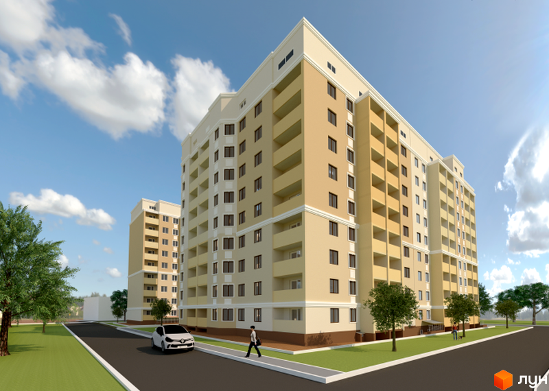 Зовнішній вигляд житлового комплексу Семінарський з багатоповерховими будинками світло-бежевого кольору та балконами. Прибудинкова територія з деревами, дорогою та пішохідною доріжкою.