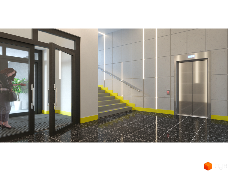 Інтер'єр холу в Житловому комплексі Schengen з ліфтом, сходами та вхідними дверима. На підлозі чорна плитка.