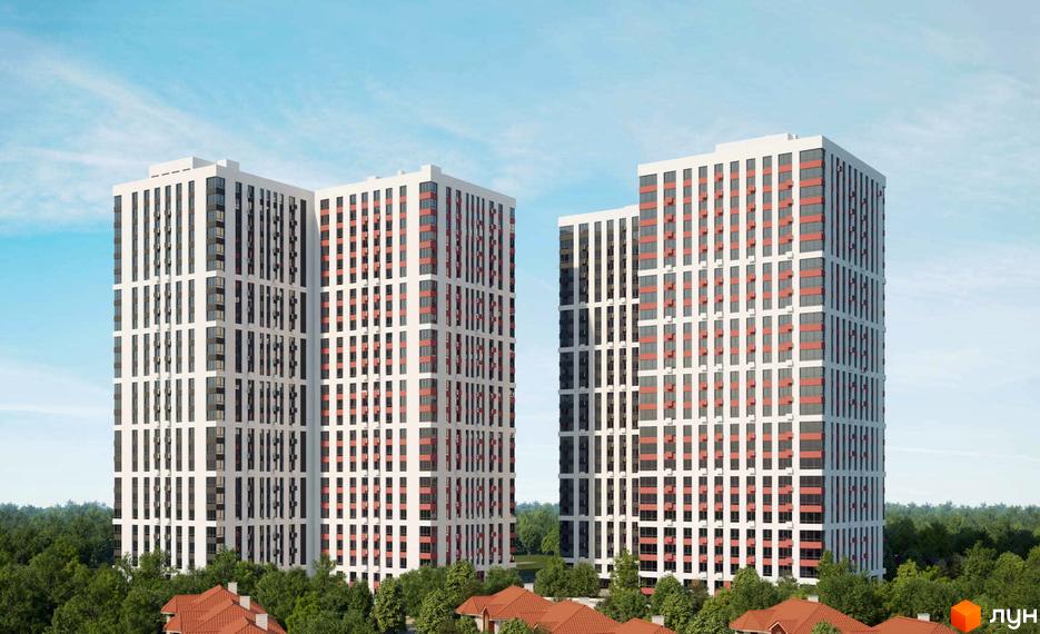 Два висотних будинки ЖК Sea View з біло-червоними фасадами та численними вікнами на тлі блакитного неба та зелених дерев. На передньому плані видно дахи будинків.