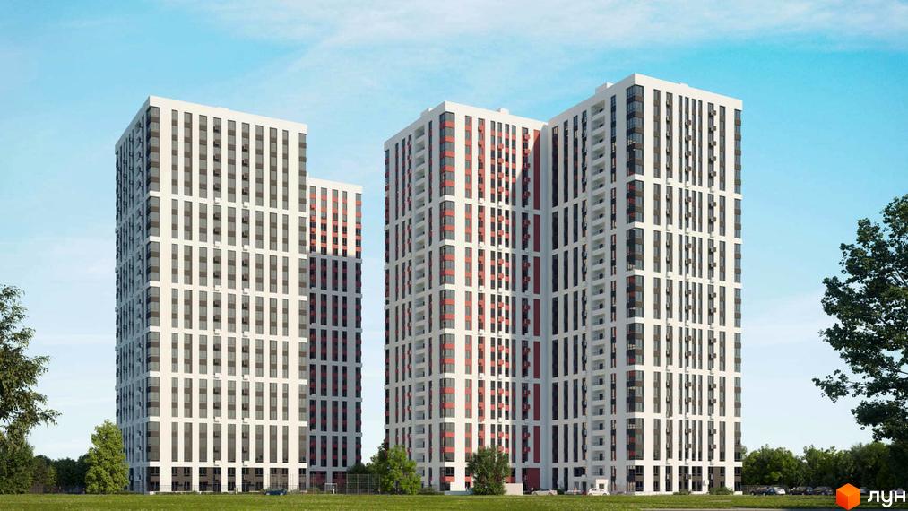 Житловий комплекс Sea View з білими фасадами та червоними вставками. Навколо комплексу зелена галявина та дерева.