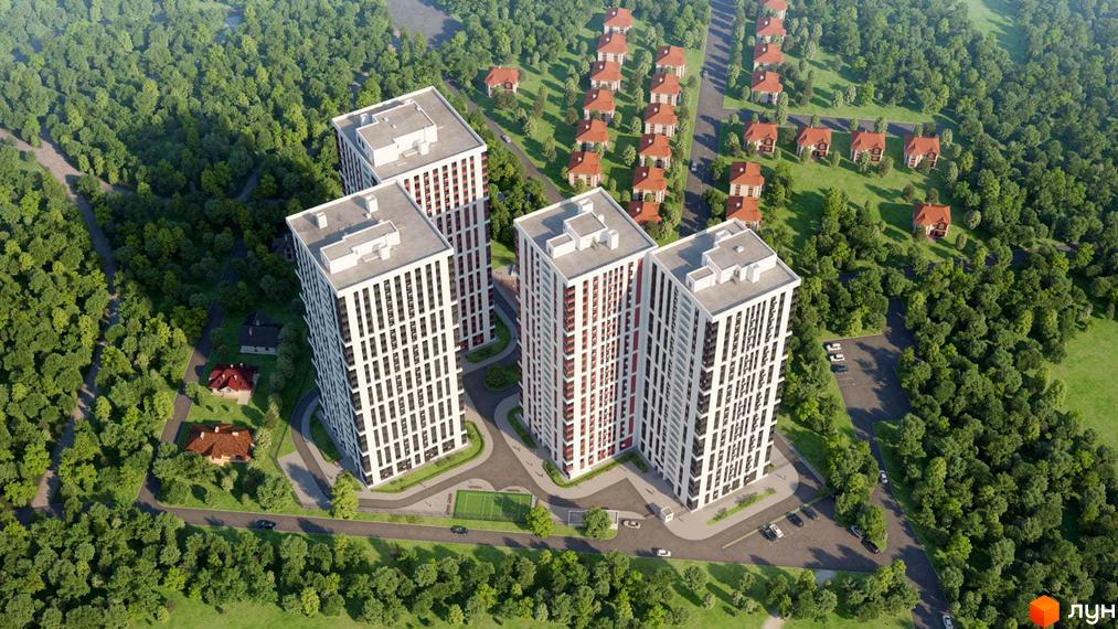 Житловий комплекс Sea View з біло-червоними фасадами, розташований серед зеленого лісу. На прибудинковій території є дороги, парковка та дитячий майданчик.