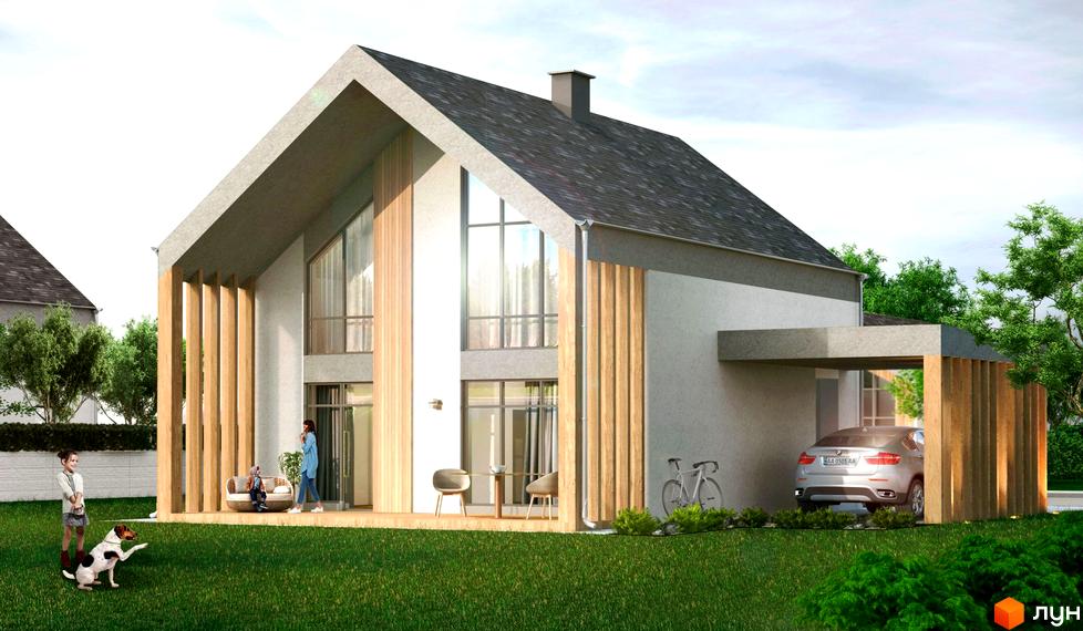 Котеджне містечко КМ Лісовий Хуторок: двоповерховий будинок з великими вікнами та дерев'яними елементами фасаду. На прибудинковій території - газон, кущі, автомобіль та дитячий майданчик.
