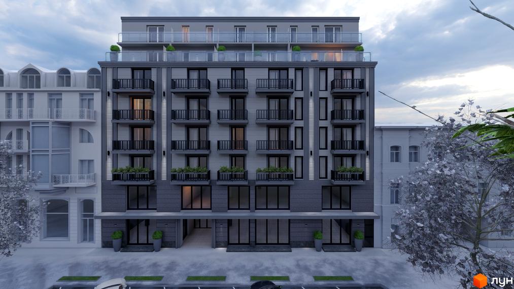 Зовнішній вигляд новобудови ЖК Apart Royal з балконами та вікнами. Перед будинком розташована прибудинкова територія з парковкою.