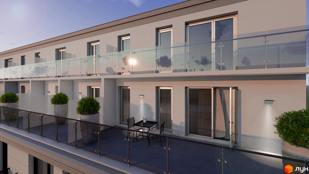 Зовнішній вигляд житлового комплексу Apart Royal з балконами та рослинами. Фасад будівлі виконаний у світлих тонах.