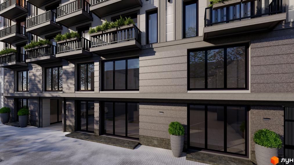 Фасад житлового комплексу Apart Royal з балконами та великими вікнами. Територія перед будинком вимощена плиткою та озеленена.