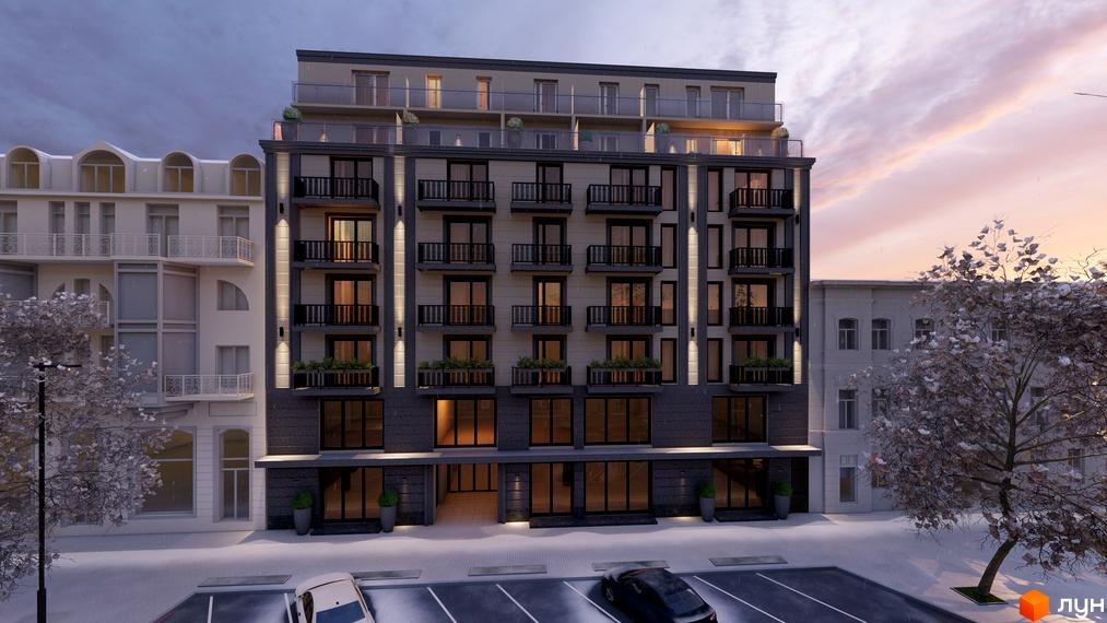 Зовнішній вигляд житлового комплексу Apart Royal з балконами та вікнами, парковка з автомобілями та дерево на фоні.